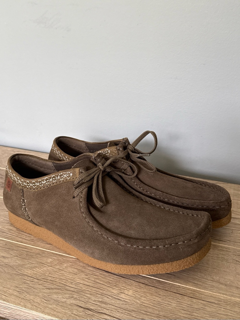 Clarks Shacre II Run Shoes Brown Suede Leather Moccasin Tie Whipstitch NEW sz 12